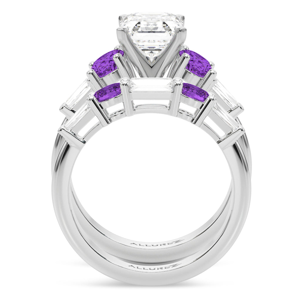 Emerald Cut Lab Diamond & Oval Amethyst Bridal Set 18K White Gold (4.65ct)