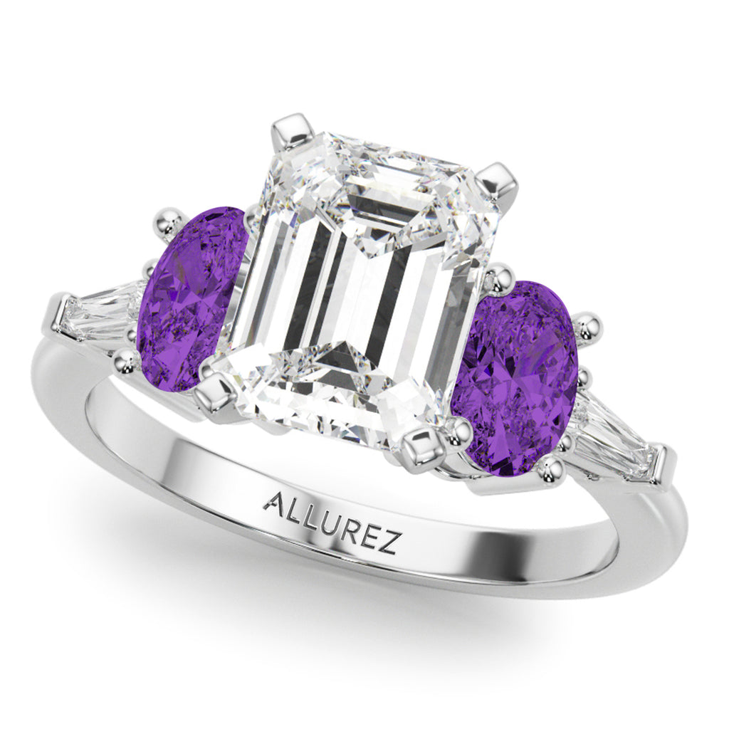 Emerald Cut Lab Diamond & Oval Amethyst Bridal Set 18K White Gold (4.65ct)