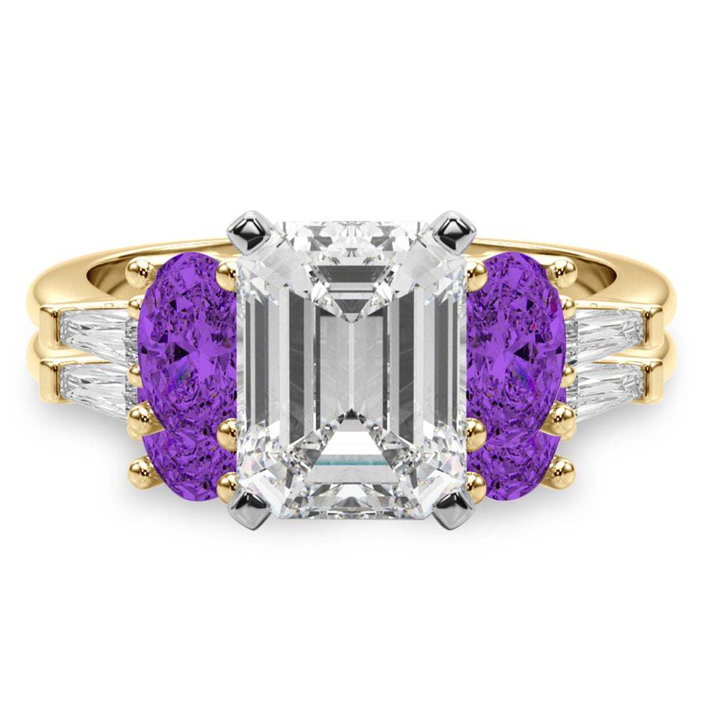 Emerald Cut Lab Diamond & Oval Amethyst Bridal Set 18K Yellow Gold (4.65ct)