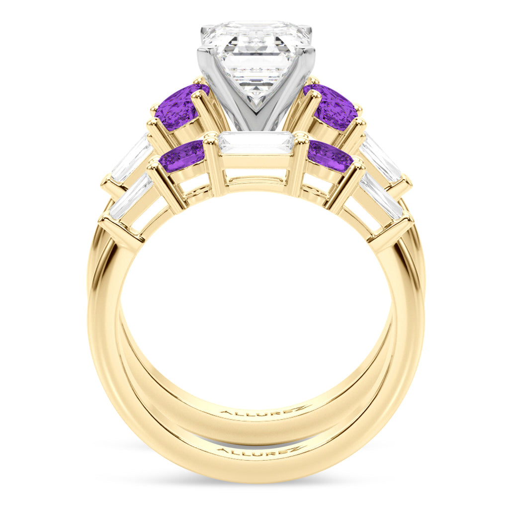 Emerald Cut Lab Diamond & Oval Amethyst Bridal Set 18K Yellow Gold (4.65ct)
