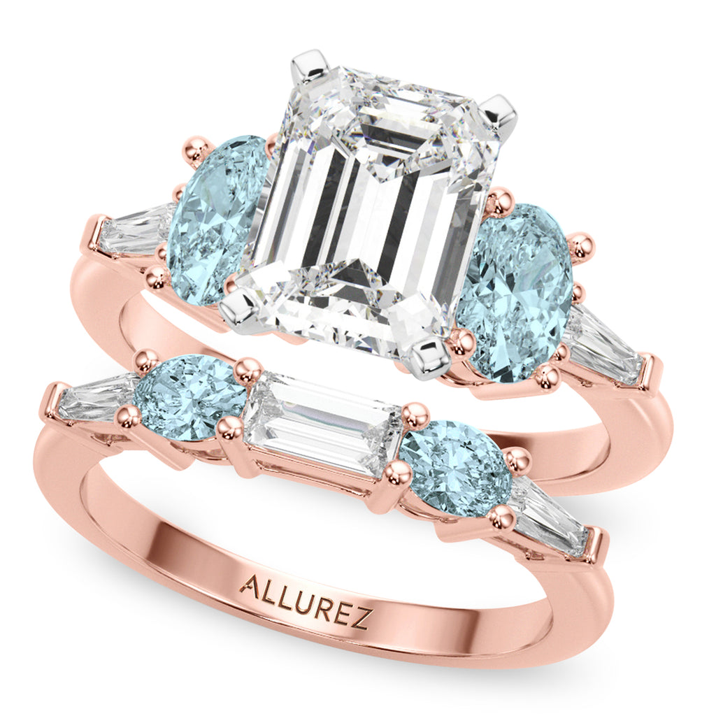 Emerald Cut Lab Diamond & Oval Aquamarine Bridal Set 14K Rose Gold (4.65ct)