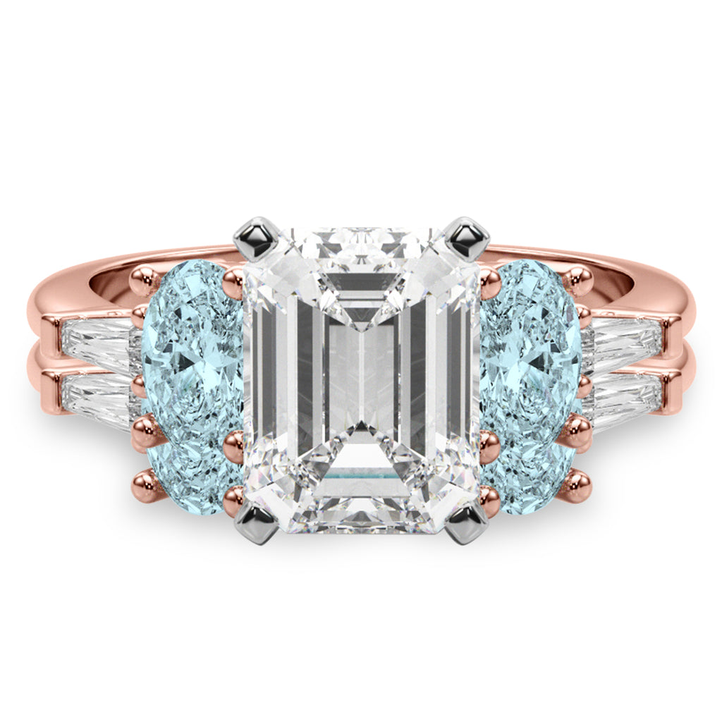 Emerald Cut Lab Diamond & Oval Aquamarine Bridal Set 14K Rose Gold (4.65ct)