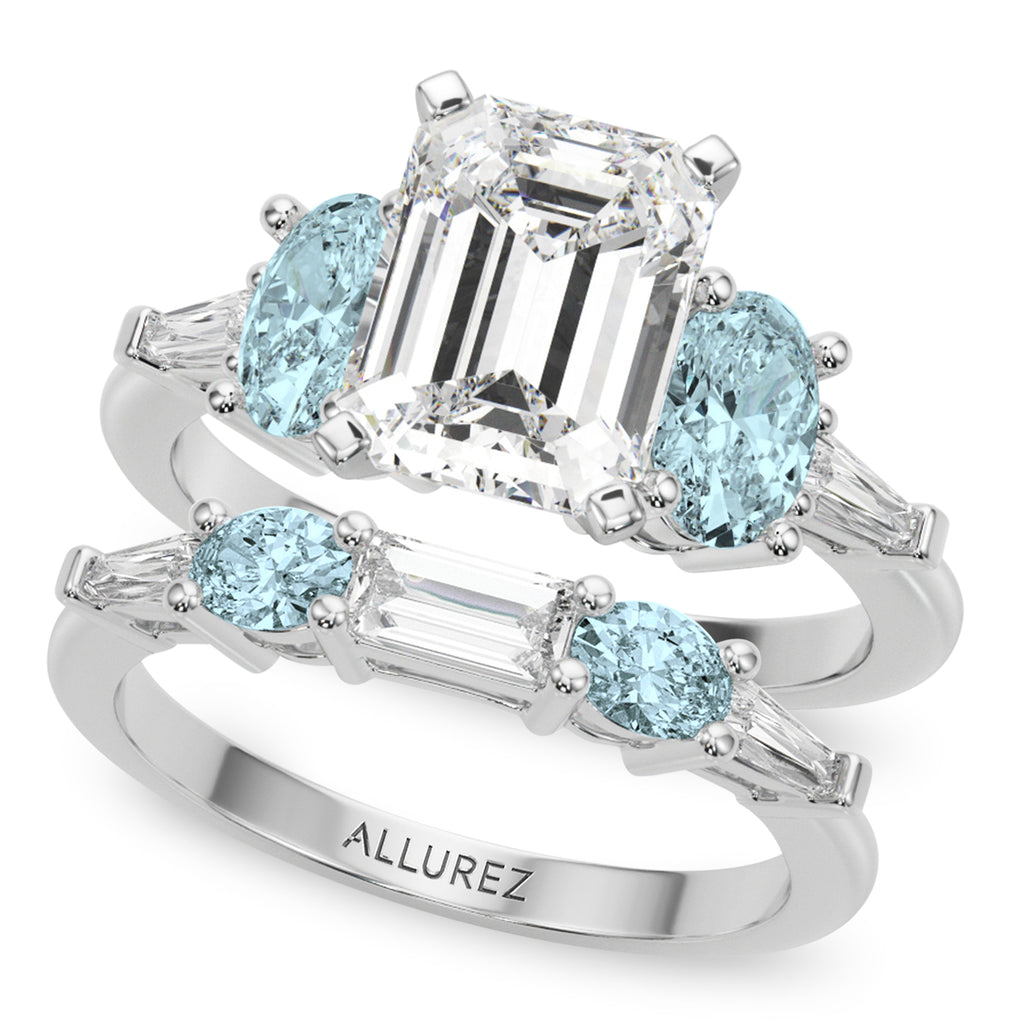 Emerald Cut Lab Diamond & Oval Aquamarine Bridal Set 14K White Gold (4.65ct)