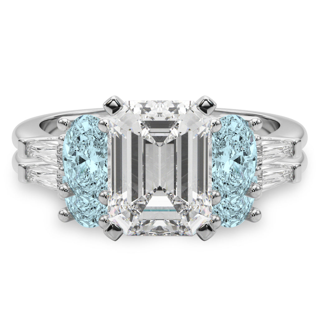 Emerald Cut Lab Diamond & Oval Aquamarine Bridal Set 14K White Gold (4.65ct)