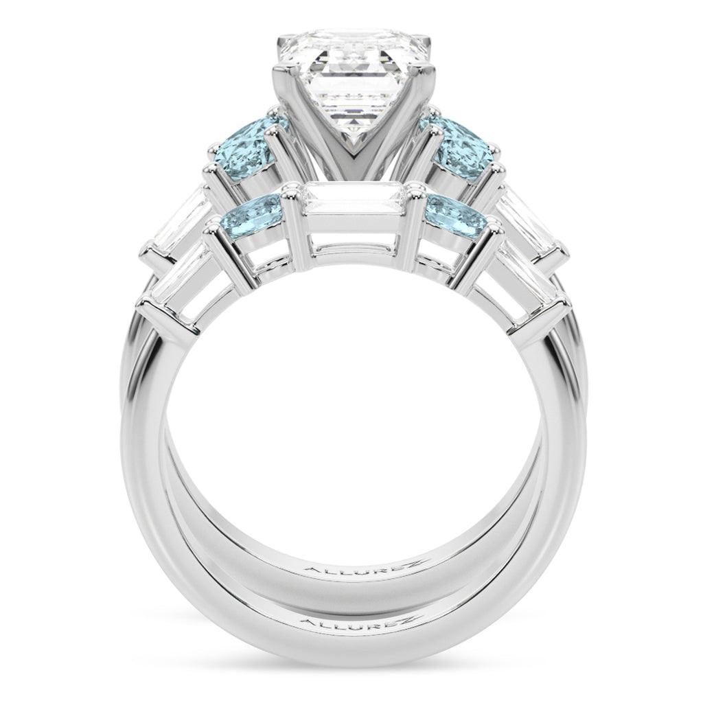 Emerald Cut Lab Diamond & Oval Aquamarine Bridal Set 14K White Gold (4.65ct)
