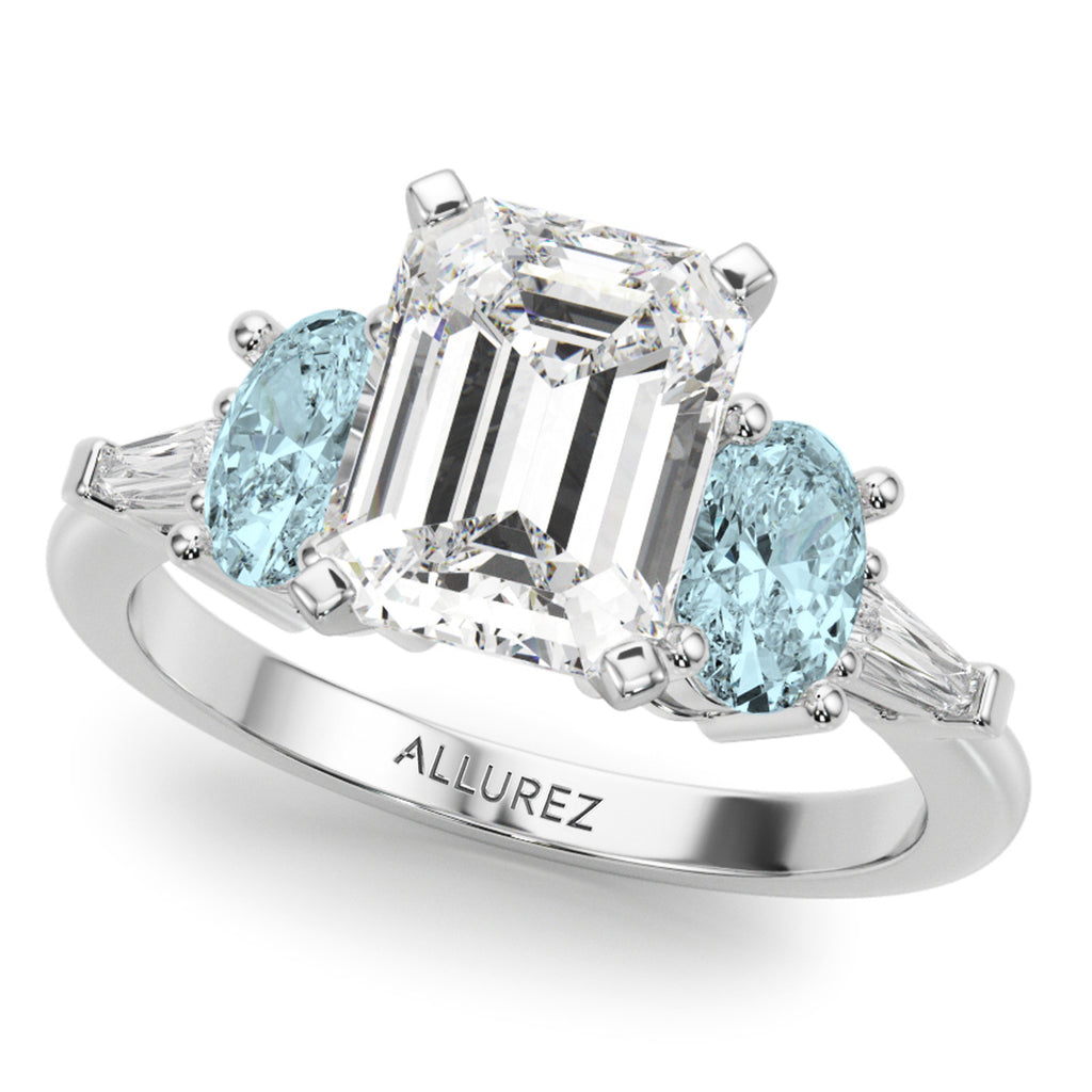 Emerald Cut Lab Diamond & Oval Aquamarine Bridal Set 14K White Gold (4.65ct)