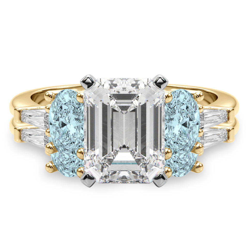 Emerald Cut Lab Diamond & Oval Aquamarine Bridal Set 14K Yellow Gold (4.65ct)