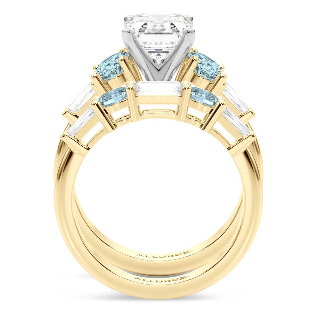 Emerald Cut Lab Diamond & Oval Aquamarine Bridal Set 14K Yellow Gold (4.65ct)
