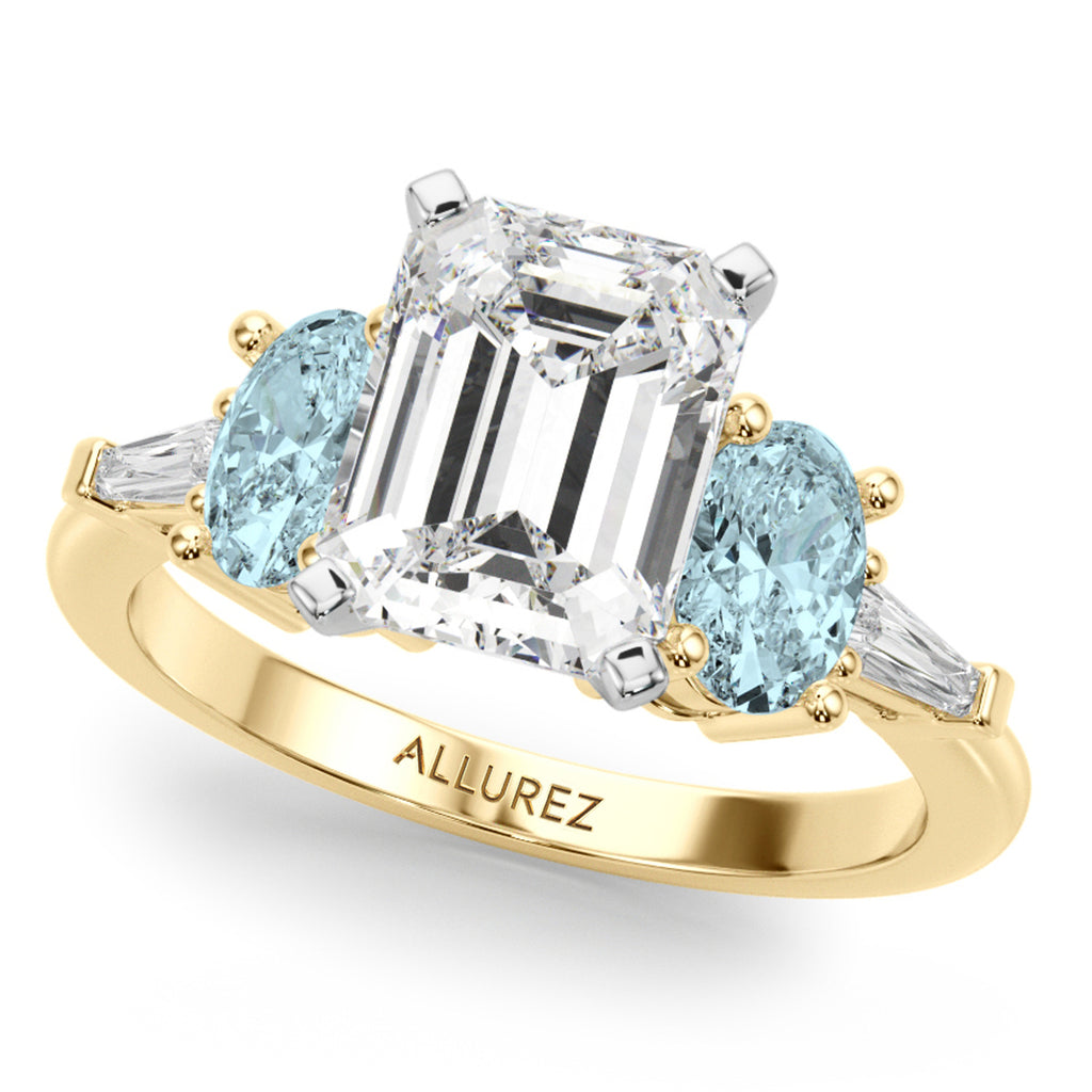 Emerald Cut Lab Diamond & Oval Aquamarine Bridal Set 14K Yellow Gold (4.65ct)