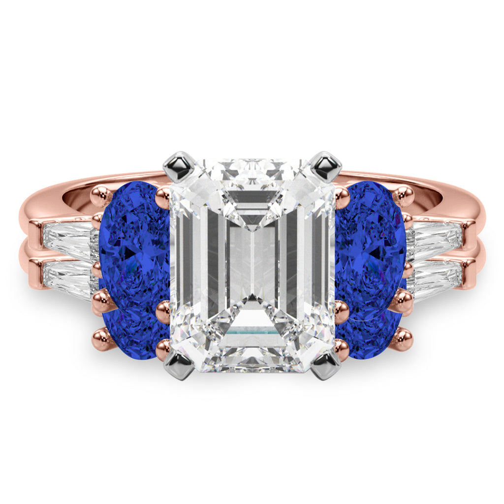 Emerald Cut Lab Diamond & Oval Blue Sapphire Bridal Set 18K Rose Gold (5.17ct)