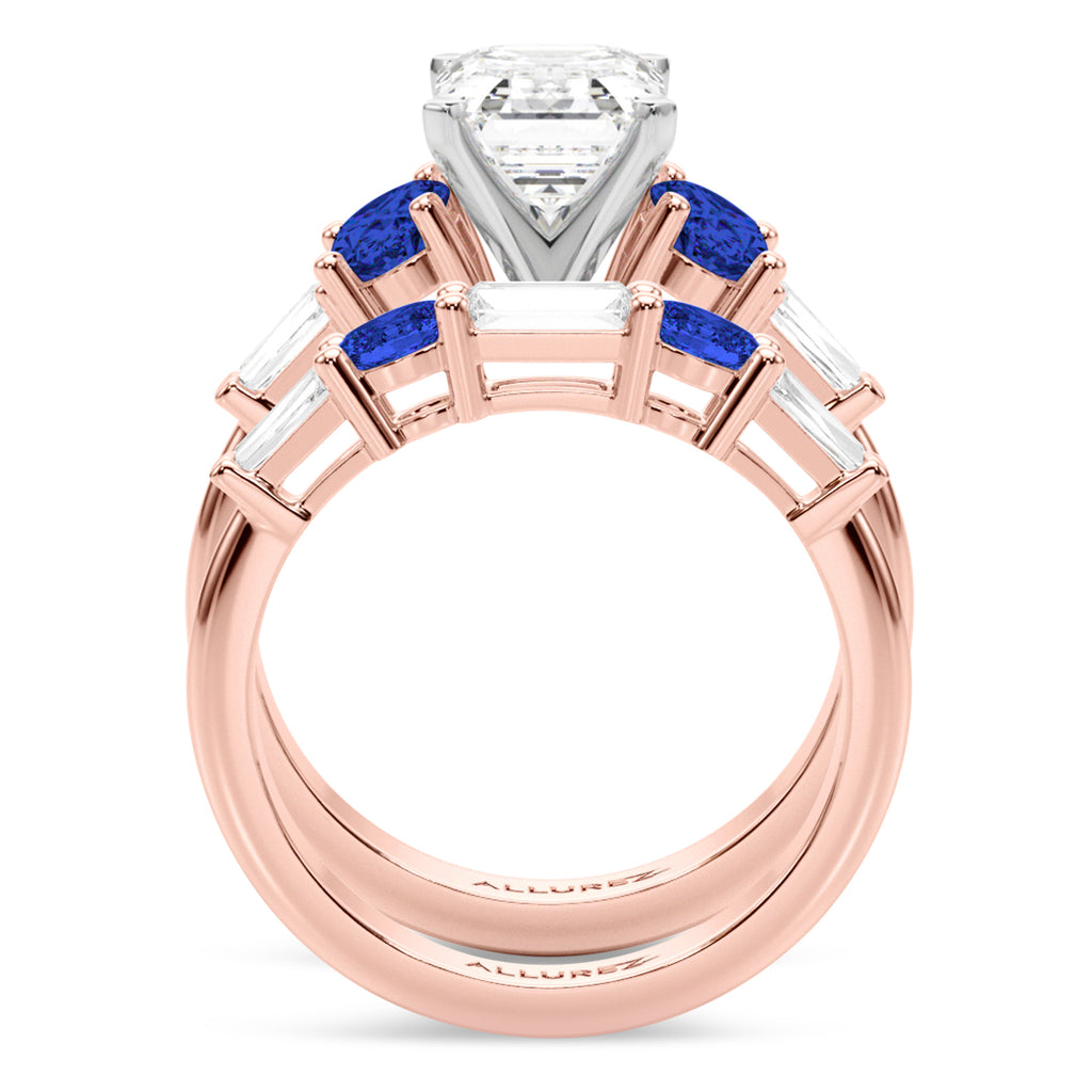 Emerald Cut Lab Diamond & Oval Blue Sapphire Bridal Set 18K Rose Gold (5.17ct)
