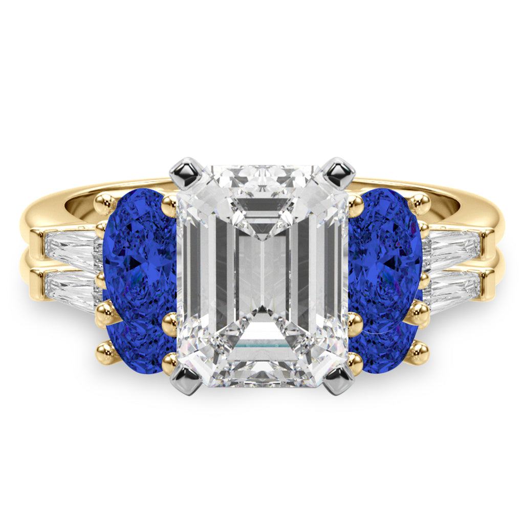 Emerald Cut Lab Diamond & Oval Blue Sapphire Bridal Set 18K Yellow Gold (5.17ct)