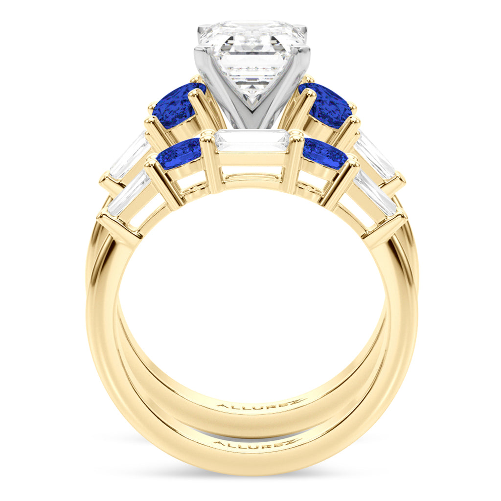 Emerald Cut Lab Diamond & Oval Blue Sapphire Bridal Set 18K Yellow Gold (5.17ct)