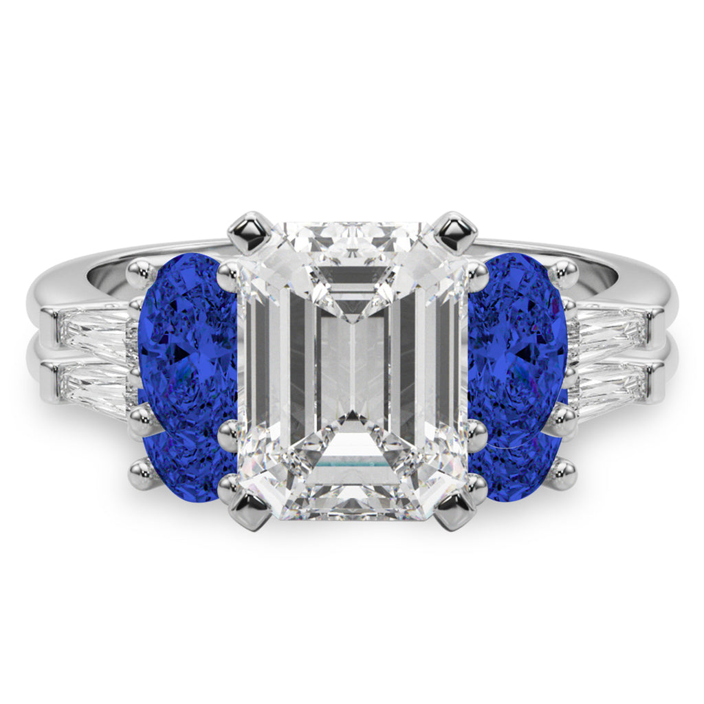 Emerald Cut Lab Diamond & Oval Blue Sapphire Bridal Set in Palladium (5.17ct)