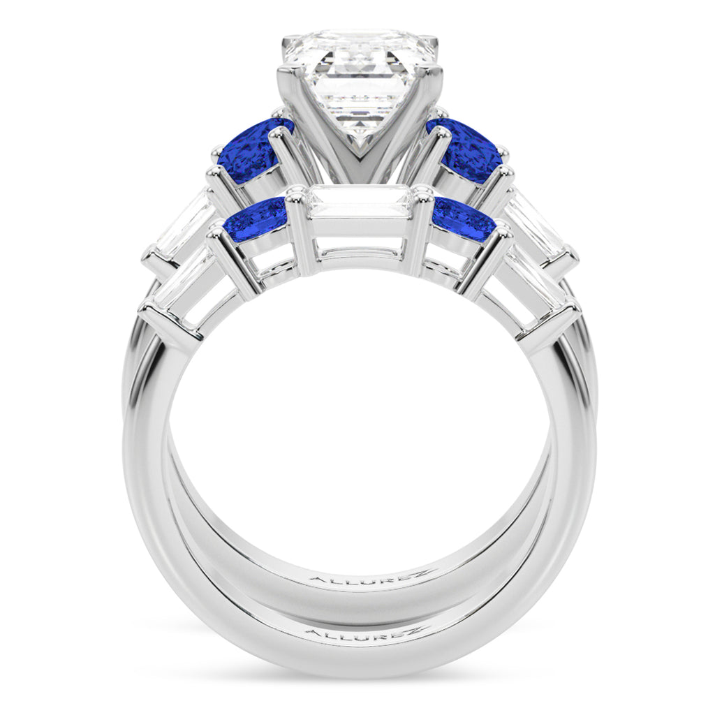 Emerald Cut Lab Diamond & Oval Blue Sapphire Bridal Set in Palladium (5.17ct)