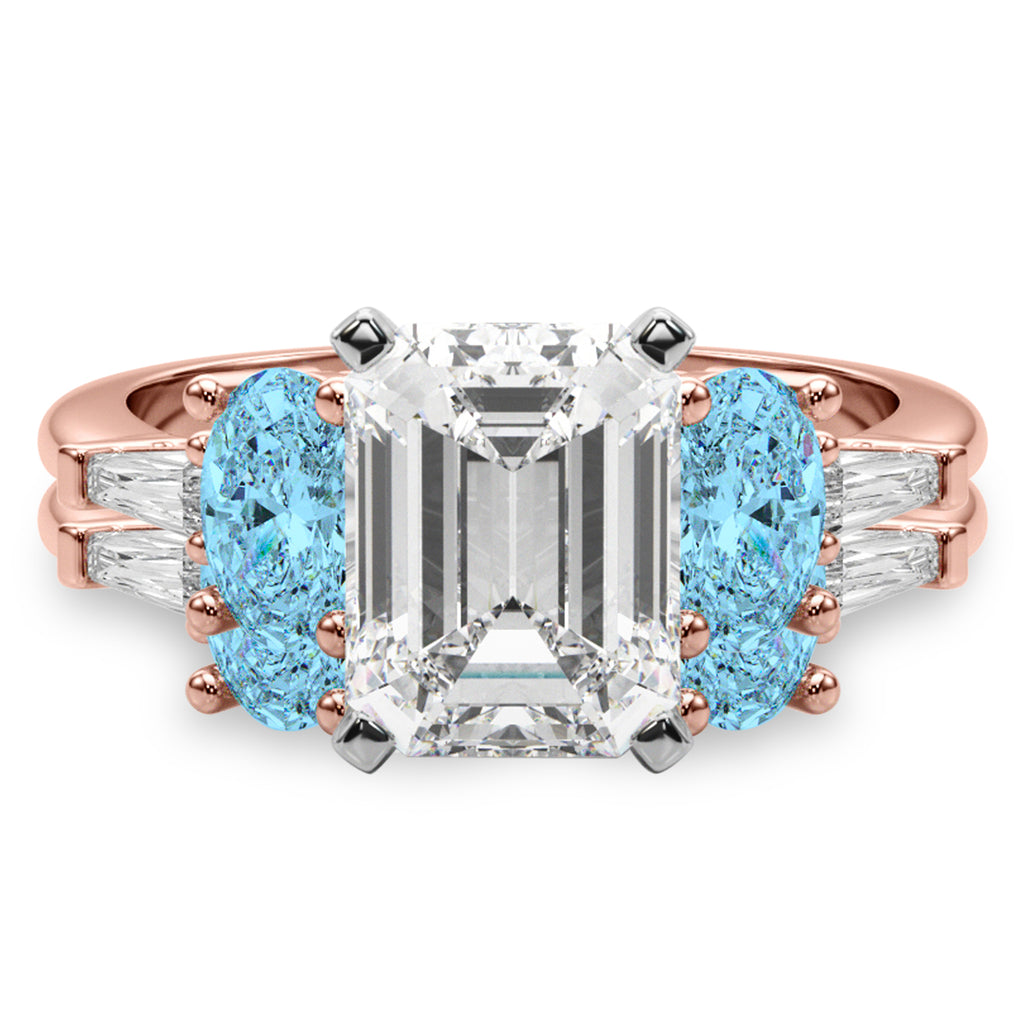 Emerald Cut Lab Diamond & Oval Blue Topaz Bridal Set 14K Rose Gold (4.97ct)