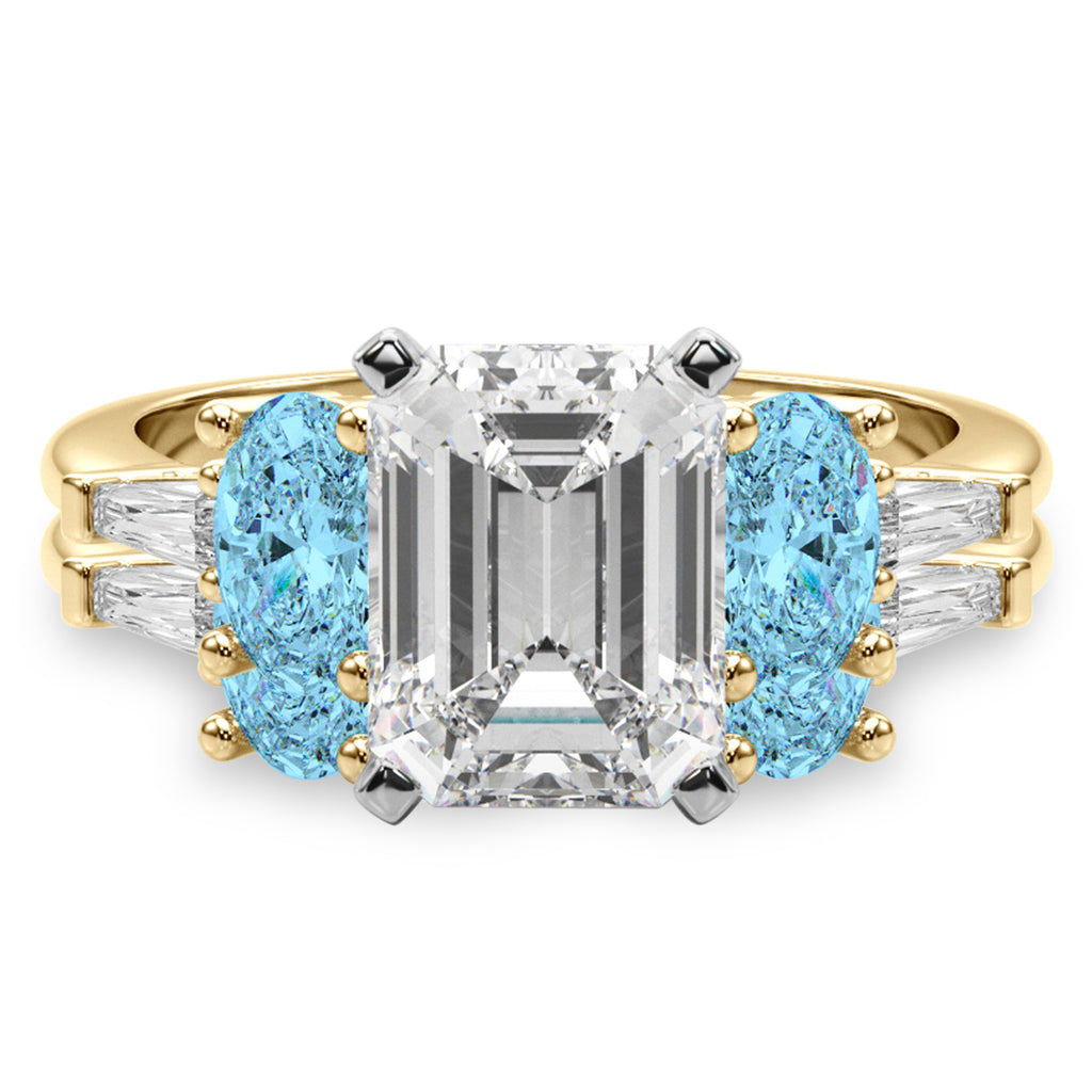 Emerald Cut Lab Diamond & Oval Blue Topaz Bridal Set 14K Yellow Gold (4.97ct)