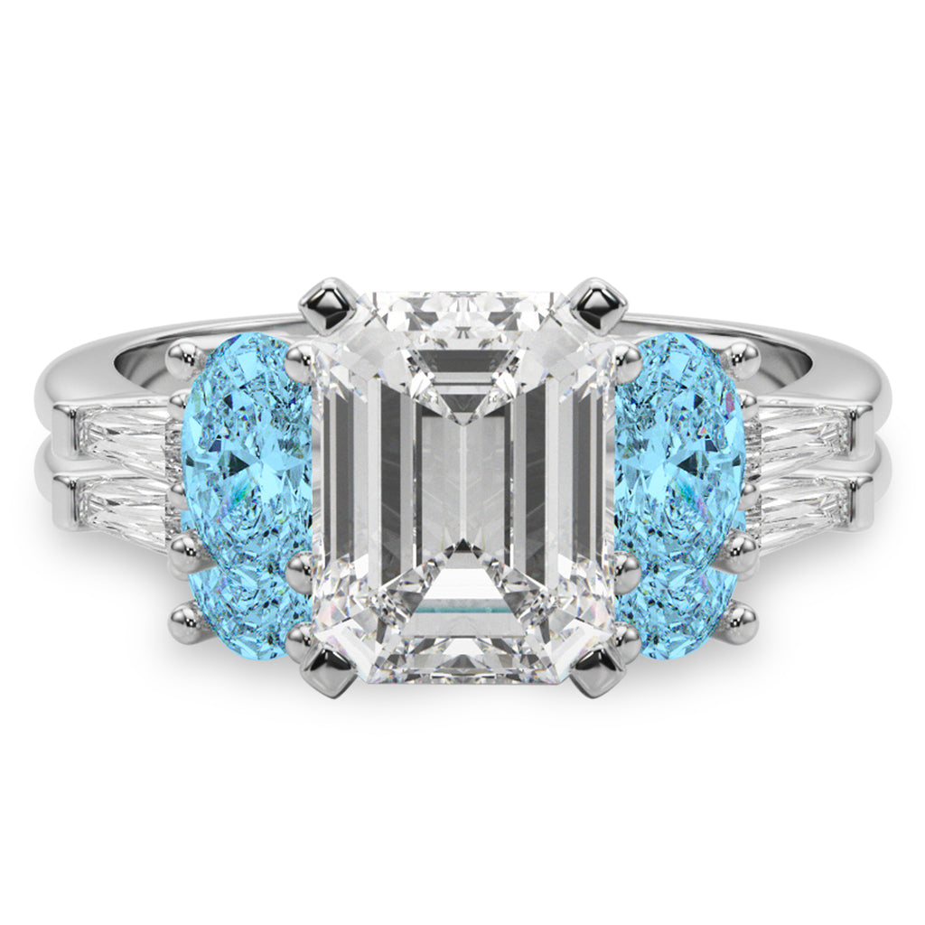 Emerald Cut Lab Diamond & Oval Blue Topaz Bridal Set in Palladium (4.97ct)