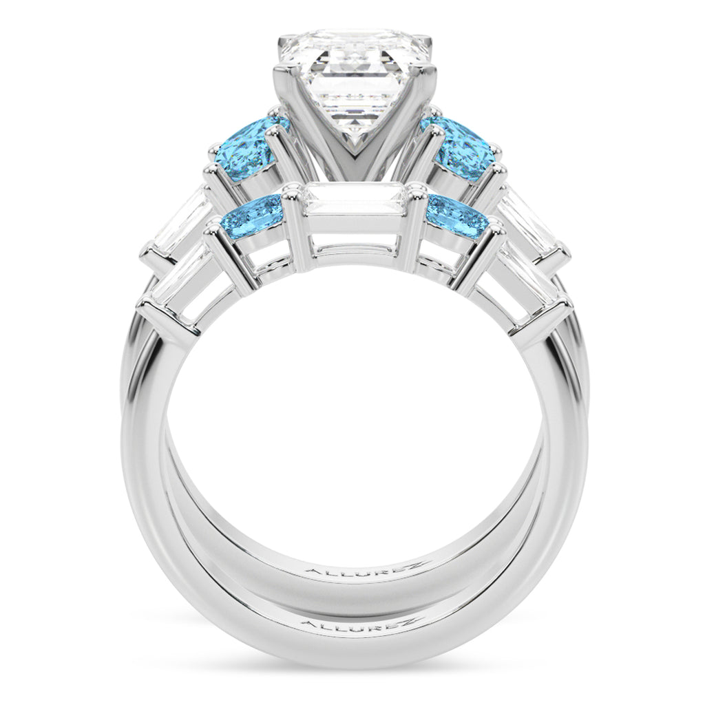 Emerald Cut Lab Diamond & Oval Blue Topaz Bridal Set in Palladium (4.97ct)