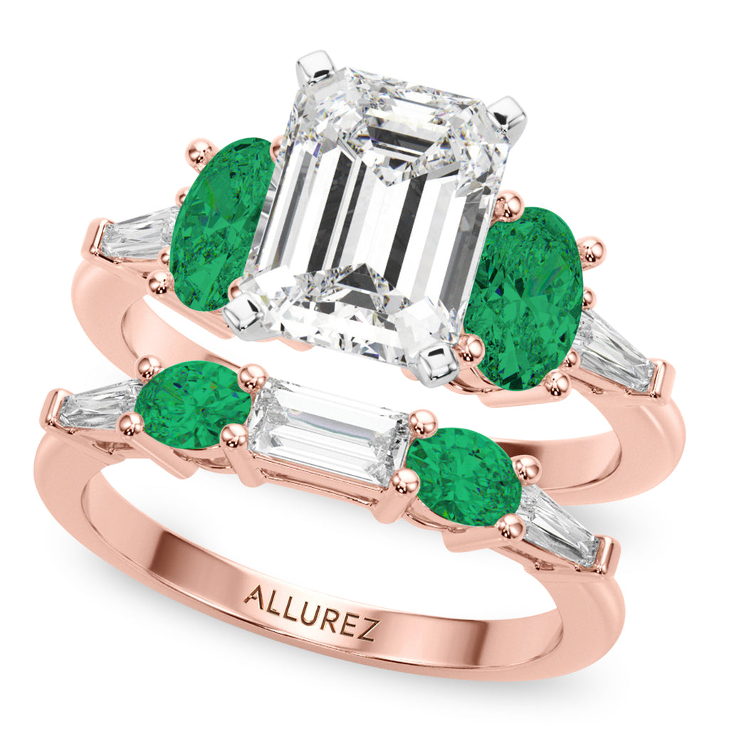 Emerald Cut Lab Diamond & Oval Emerald Bridal Set 14K Rose Gold (4.65ct)