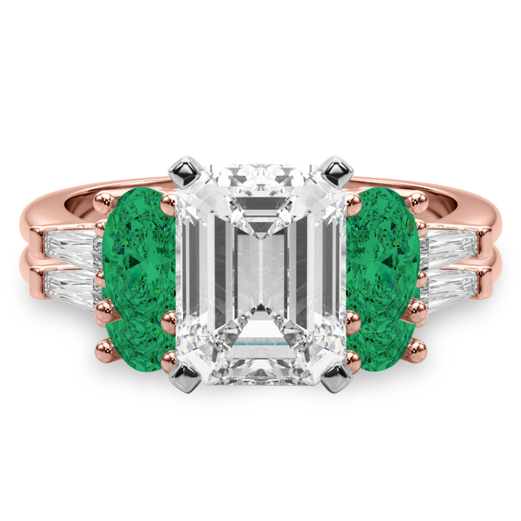 Emerald Cut Lab Diamond & Oval Emerald Bridal Set 14K Rose Gold (4.65ct)