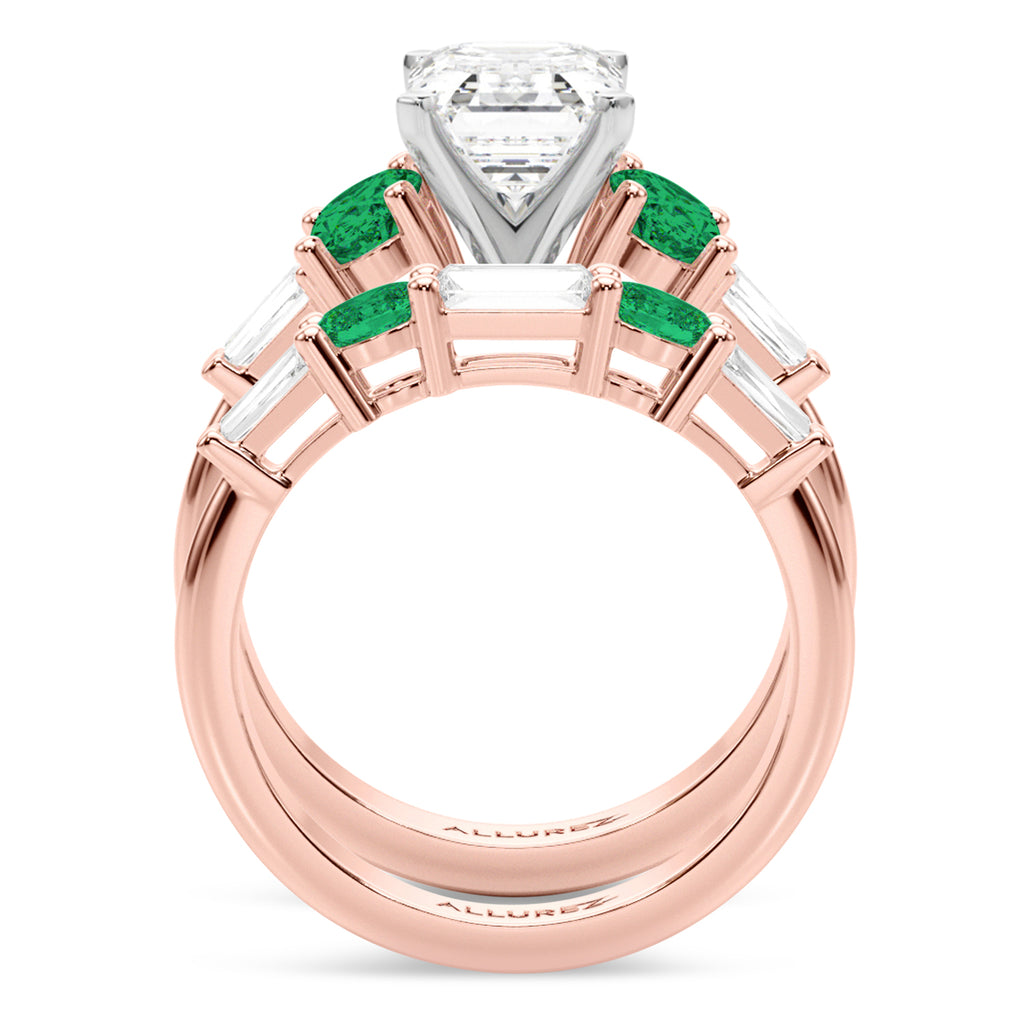 Emerald Cut Lab Diamond & Oval Emerald Bridal Set 14K Rose Gold (4.65ct)