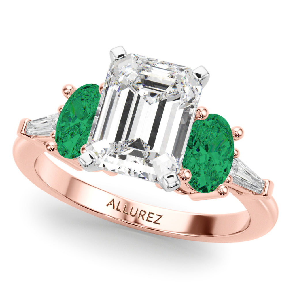 Emerald Cut Lab Diamond & Oval Emerald Bridal Set 14K Rose Gold (4.65ct)