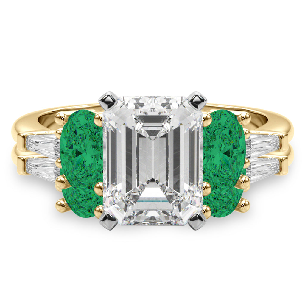 Emerald Cut Lab Diamond & Oval Emerald Bridal Set 18K Yellow Gold (4.65ct)