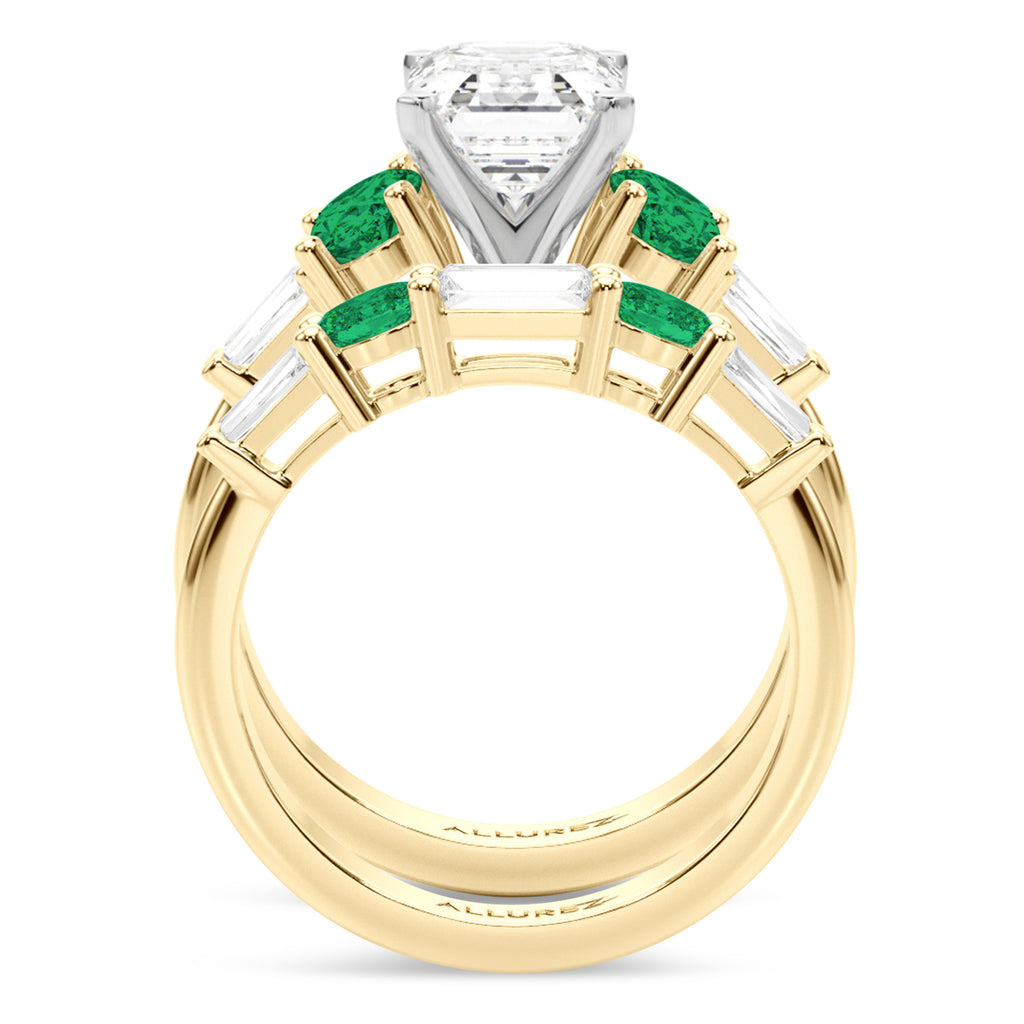 Emerald Cut Lab Diamond & Oval Emerald Bridal Set 18K Yellow Gold (4.65ct)