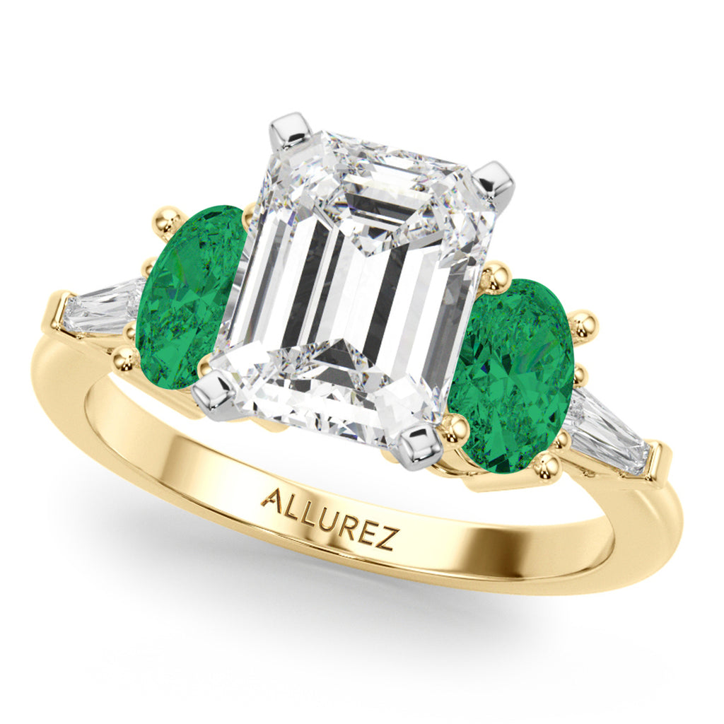 Emerald Cut Lab Diamond & Oval Emerald Bridal Set 18K Yellow Gold (4.65ct)