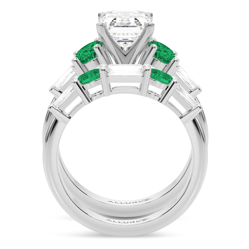Emerald Cut Lab Diamond & Oval Emerald Bridal Set in Palladium (4.65ct)