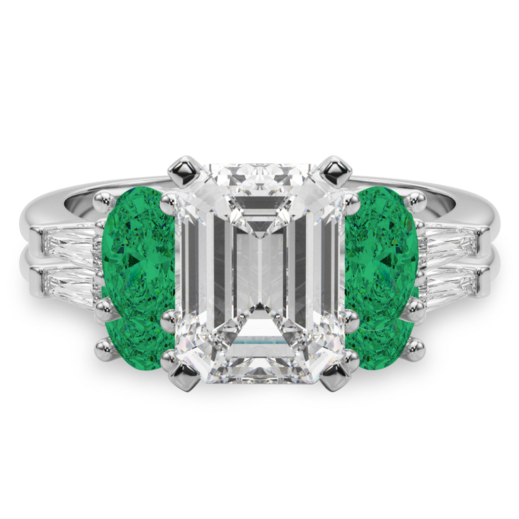 Emerald Cut Lab Diamond & Oval Emerald Bridal Set in Platinum (4.65ct)