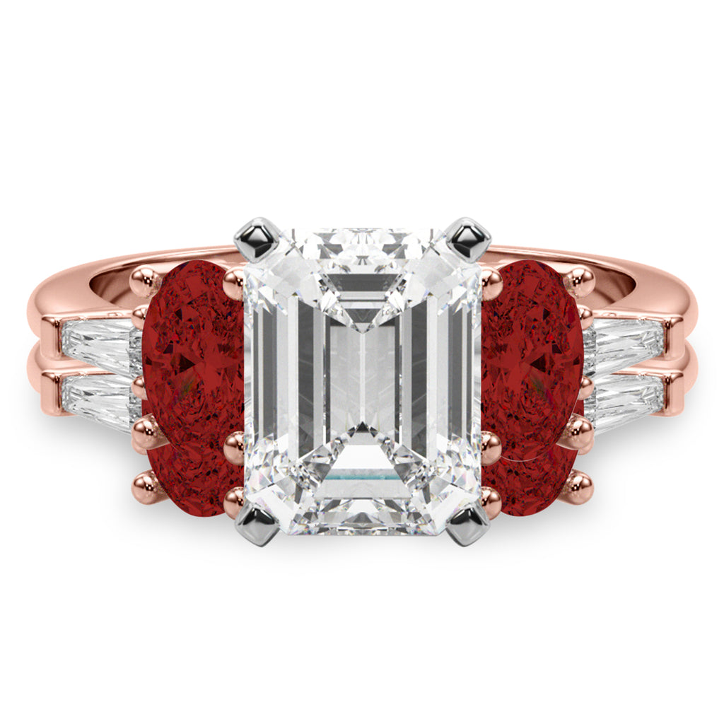 Emerald Cut Lab Diamond & Oval Garnet Bridal Set 14K Rose Gold (4.97ct)