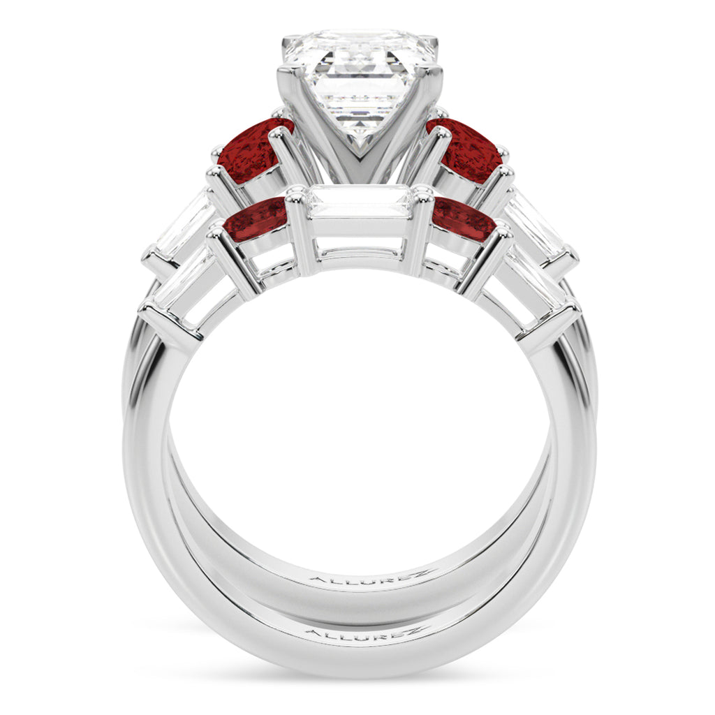 Emerald Cut Lab Grown Diamond & Oval Garnet Bridal Set 14K White Gold (4.97ct)