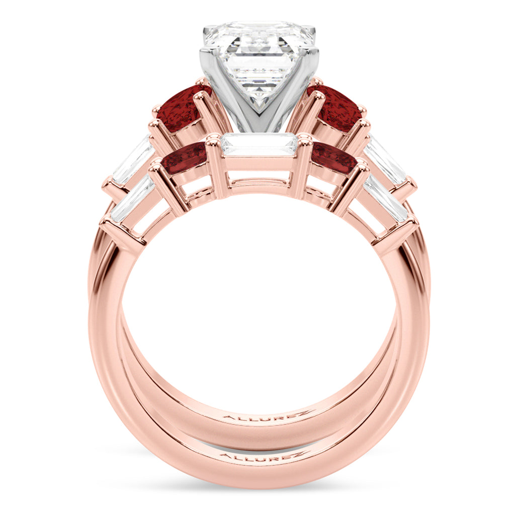 Emerald Cut Lab Diamond & Oval Garnet Bridal Set 18K Rose Gold (4.97ct)