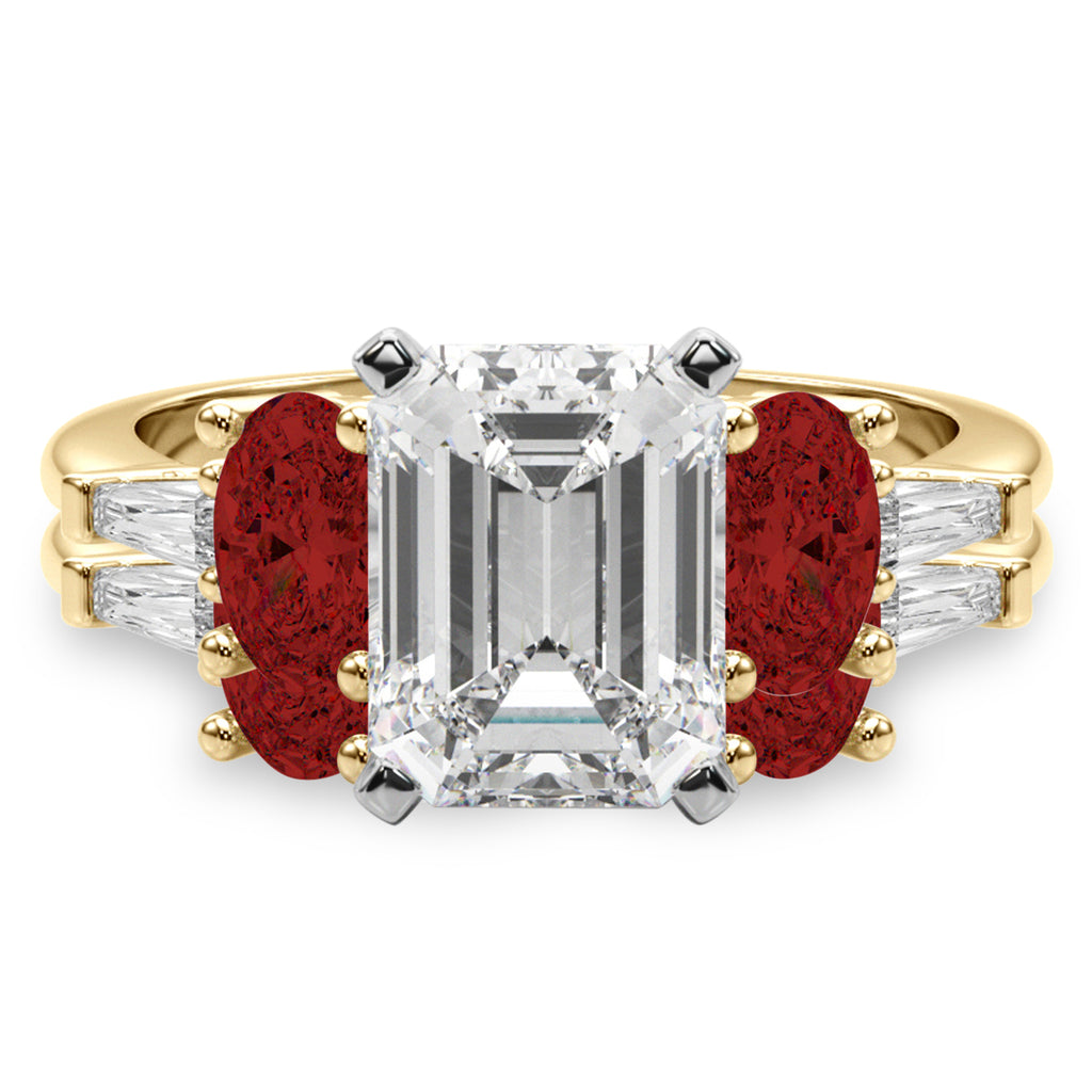 Emerald Cut Lab Diamond & Oval Garnet Bridal Set 18K Yellow Gold (4.97ct)