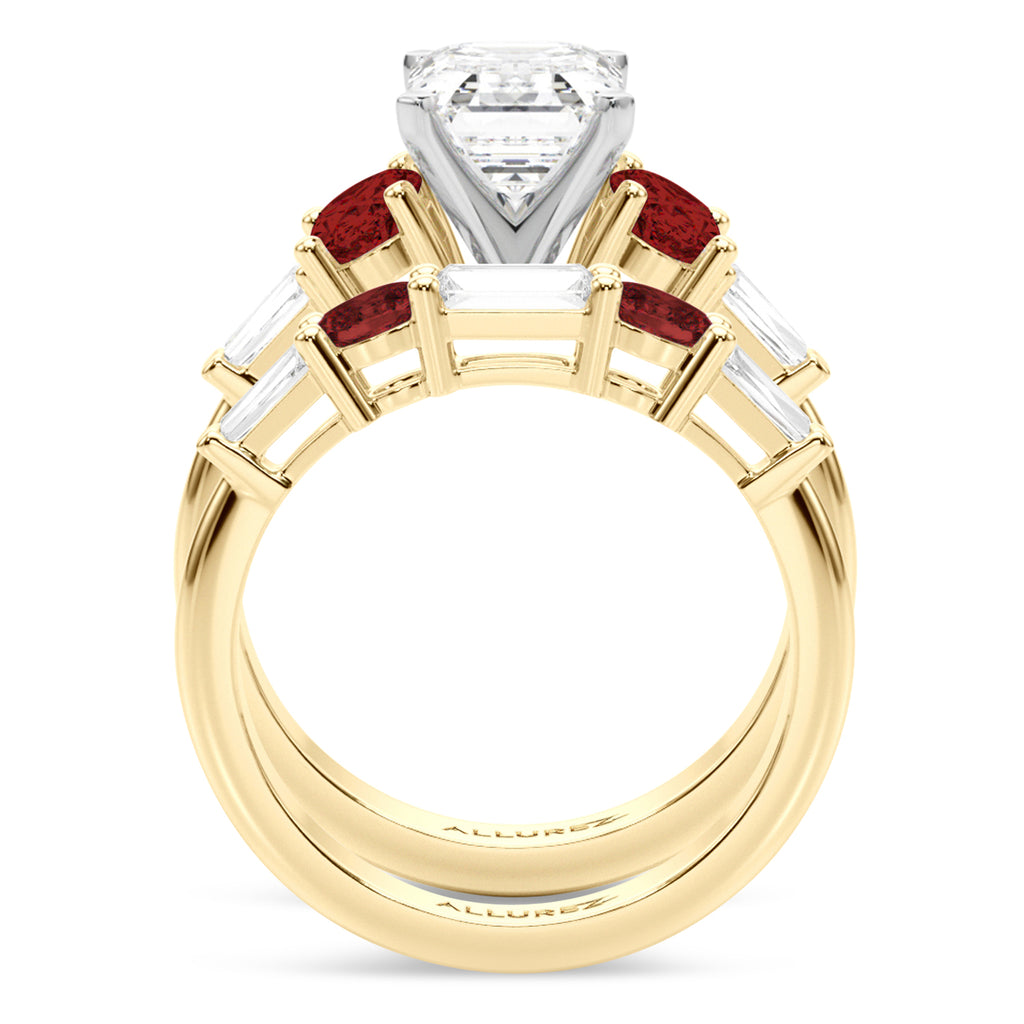 Emerald Cut Lab Diamond & Oval Garnet Bridal Set 18K Yellow Gold (4.97ct)