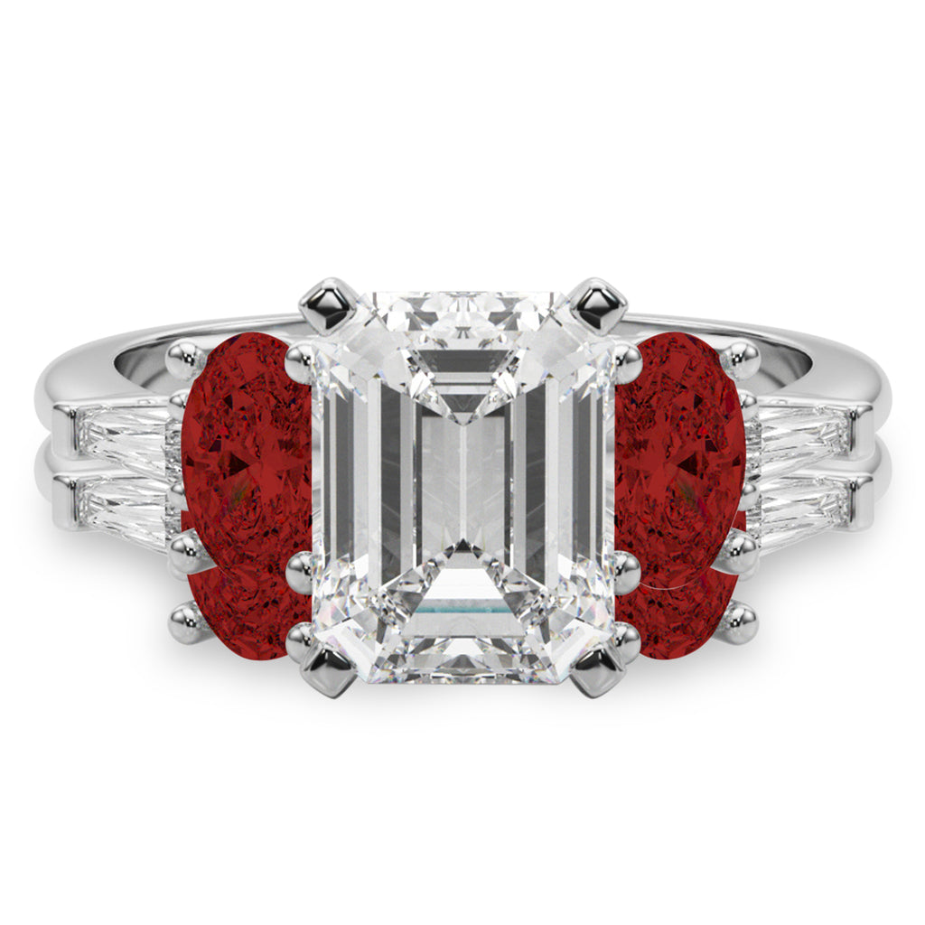 Emerald Cut Lab Diamond & Oval Garnet Bridal Set in Platinum (4.97ct)