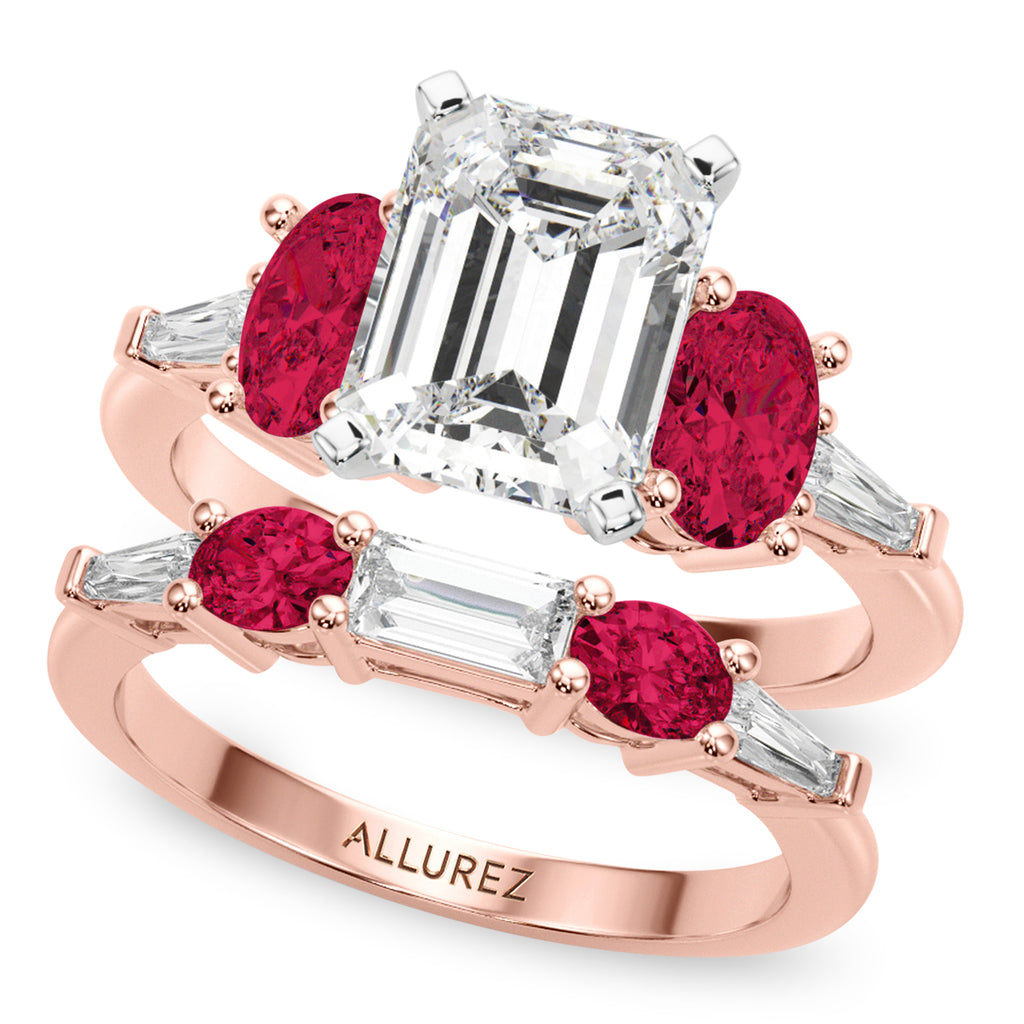 Emerald Cut Lab Diamond & Oval Ruby Bridal Set 14K Rose Gold (5.09ct)