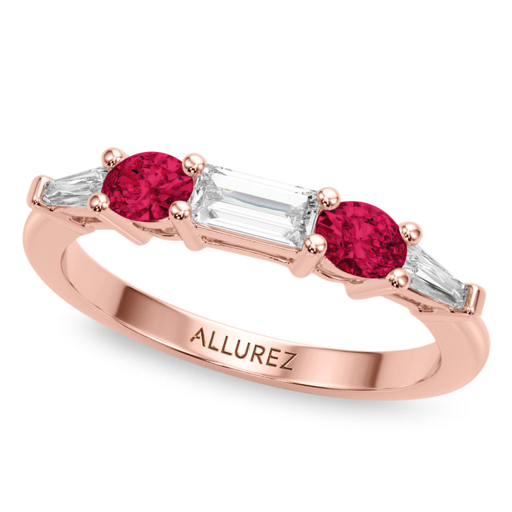 Emerald Cut Lab Diamond & Oval Ruby Bridal Set 14K Rose Gold (5.09ct)