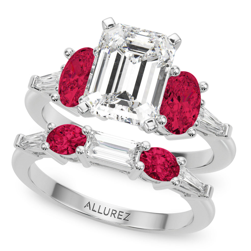 Emerald Cut Lab Grown Diamond & Oval Ruby Bridal Set 14K White Gold (5.09ct)