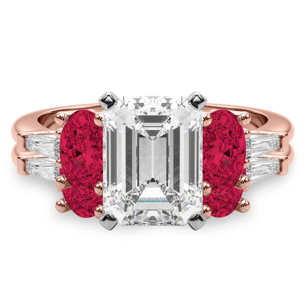 Emerald Cut Lab Diamond & Oval Ruby Bridal Set 18K Rose Gold (5.09ct)