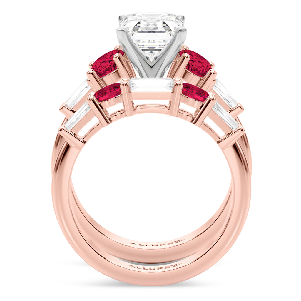 Emerald Cut Lab Diamond & Oval Ruby Bridal Set 18K Rose Gold (5.09ct)