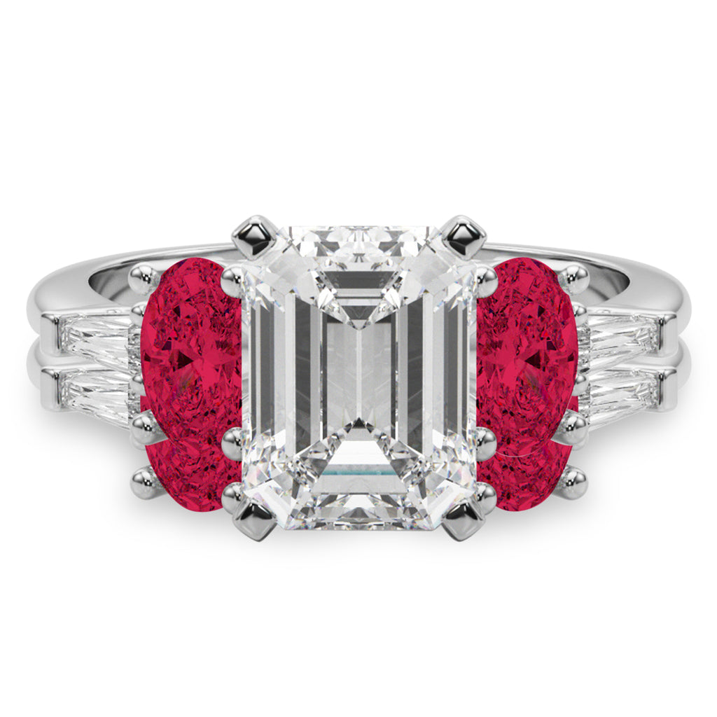 Emerald Cut Lab Diamond & Oval Ruby Bridal Set 18K White Gold (5.09ct)