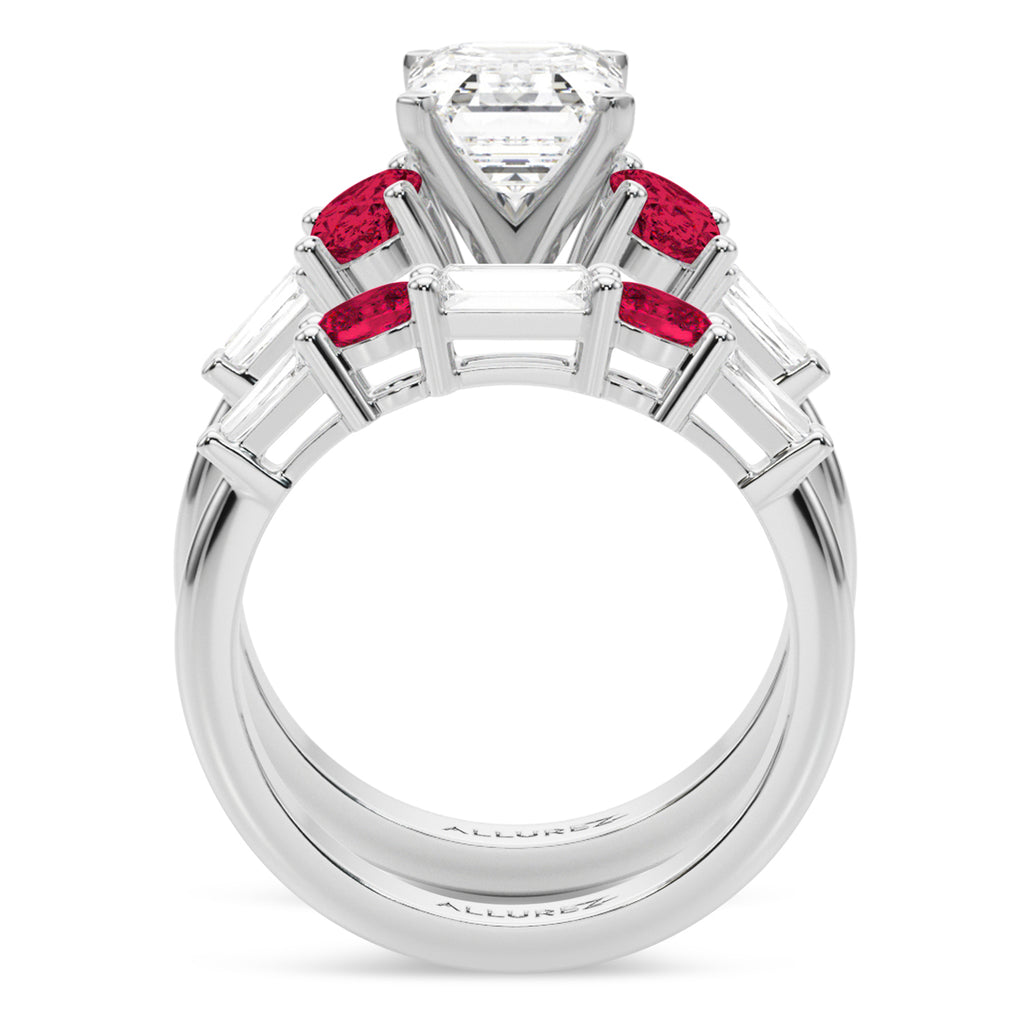 Emerald Cut Lab Diamond & Oval Ruby Bridal Set 18K White Gold (5.09ct)