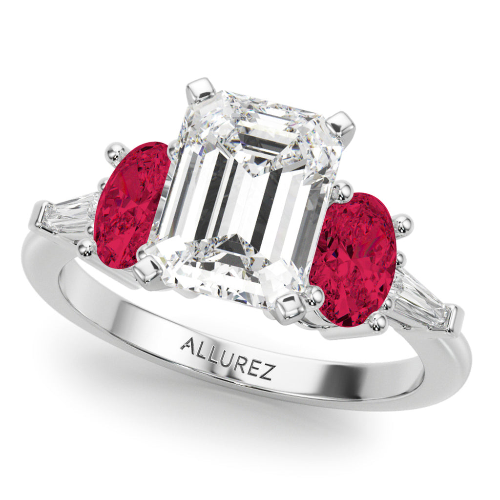 Emerald Cut Lab Diamond & Oval Ruby Bridal Set 18K White Gold (5.09ct)