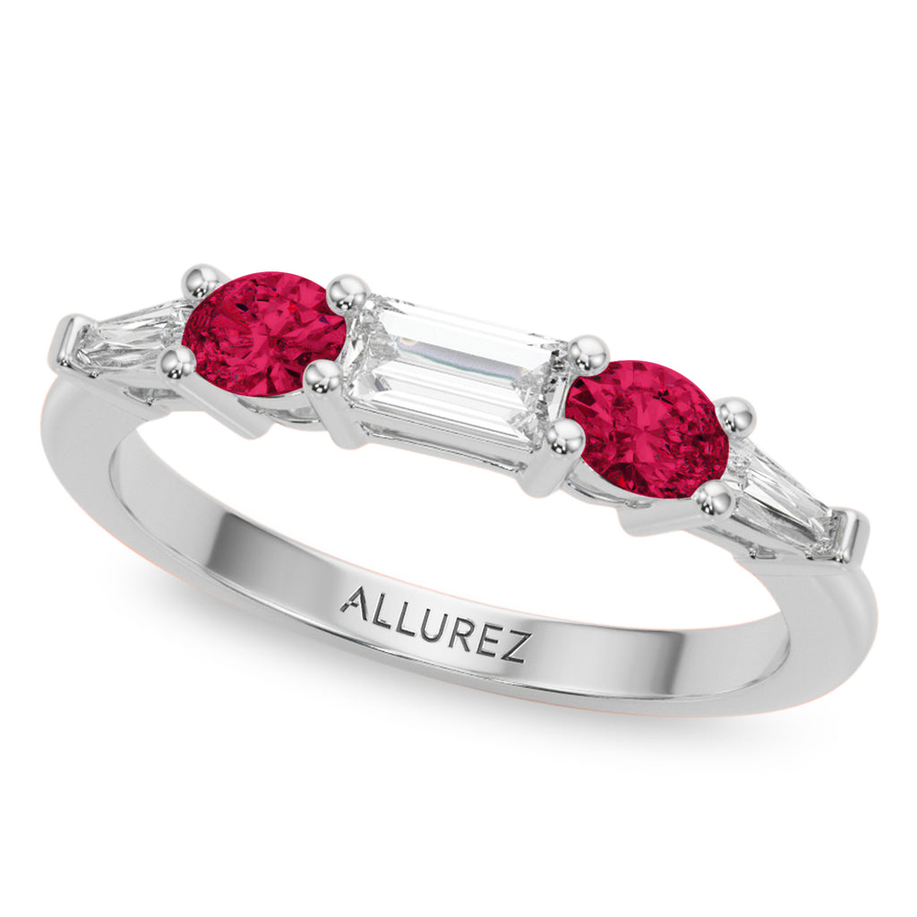 Emerald Cut Lab Diamond & Oval Ruby Bridal Set 18K White Gold (5.09ct)