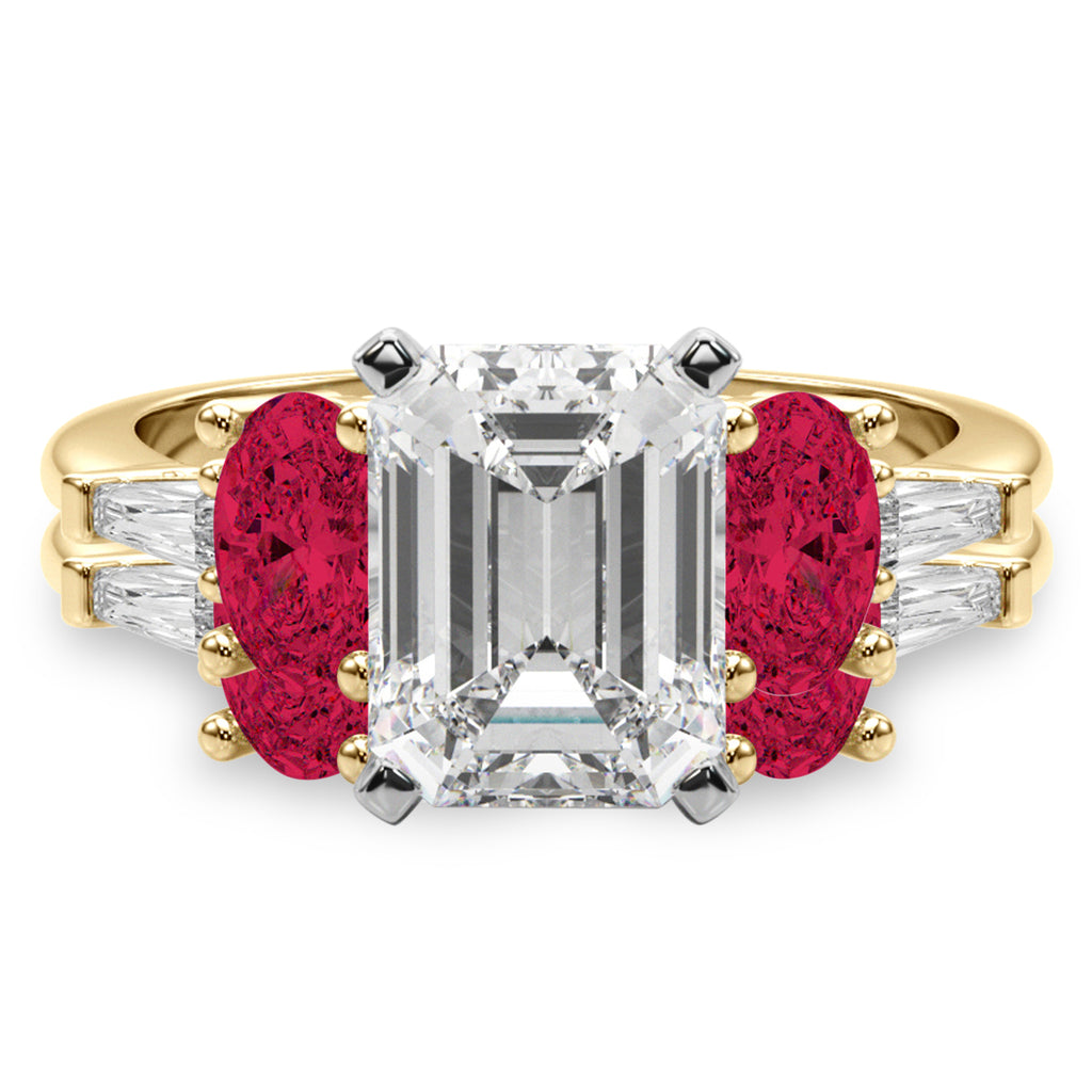 Emerald Cut Lab Diamond & Oval Ruby Bridal Set 18K Yellow Gold (5.09ct)