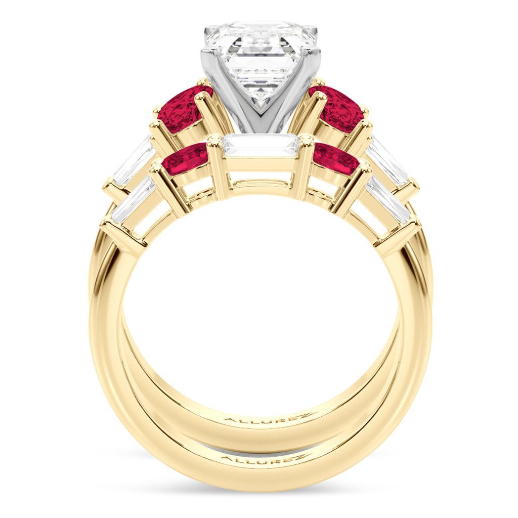 Emerald Cut Lab Diamond & Oval Ruby Bridal Set 18K Yellow Gold (5.09ct)