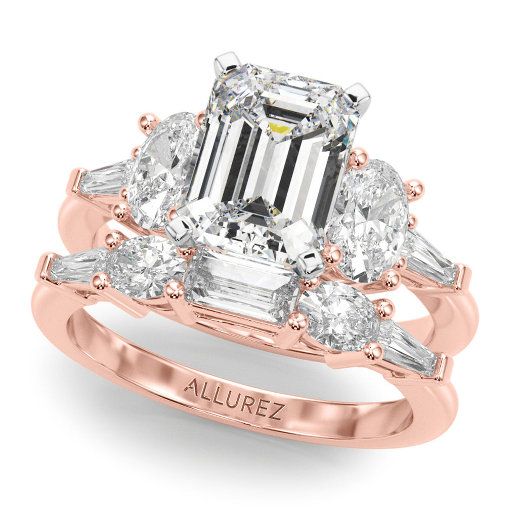 Emerald Cut Moissanite Diamond Engagement Ring Bridal Set 14K Rose Gold (4.93ct)